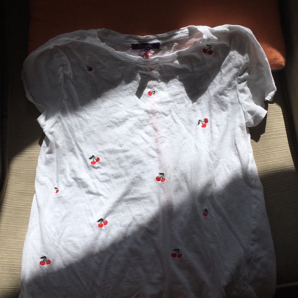 white tee w/ red embroidered cherries